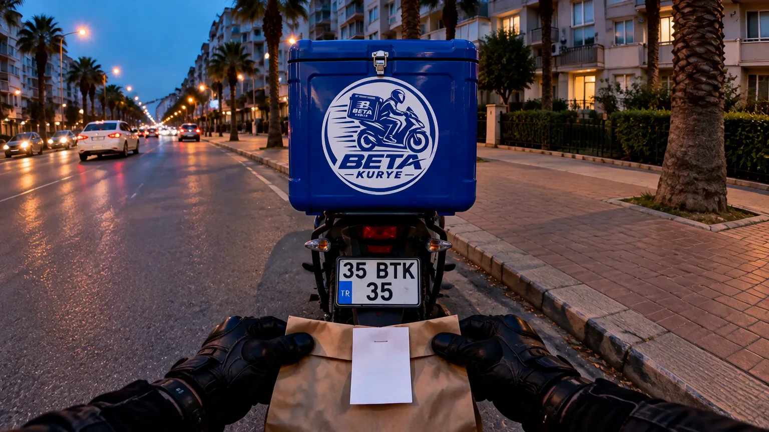 Betakurye çantalı motor, şehirde yolda